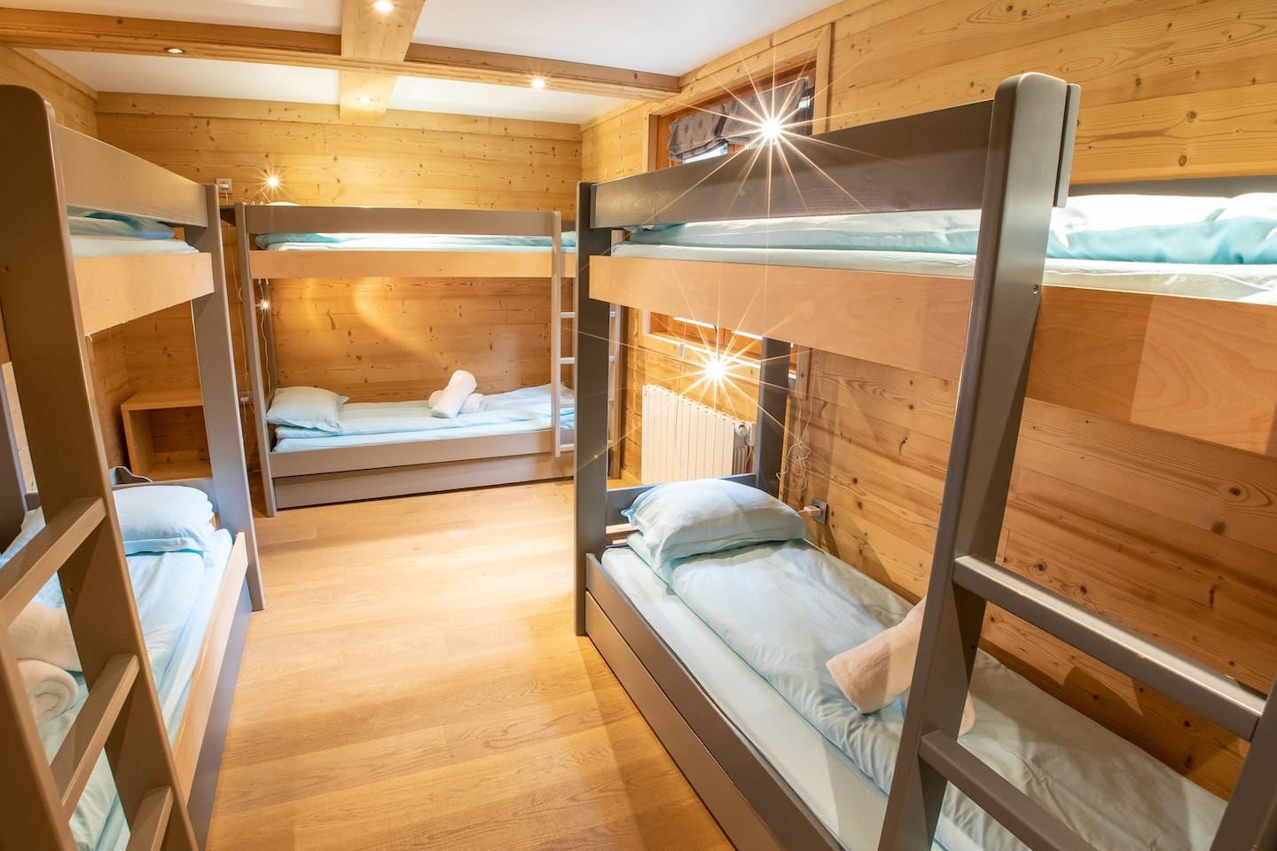 Dorm room with 3 bunk beds
